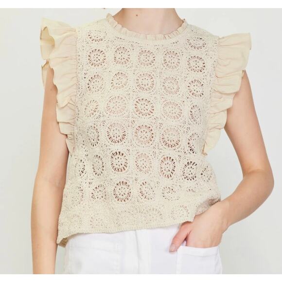 Skies Are Blue Tops - SKIES ARE BLUE NWT 100% Cotton Crochet Flutter Sleeve Vest Top Natural Beige L